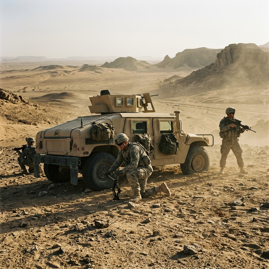 Soldiers exposed outside armored vehicle during maintenance