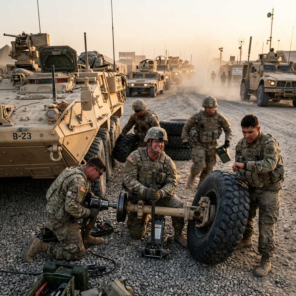 Military crew under time pressure during tire service