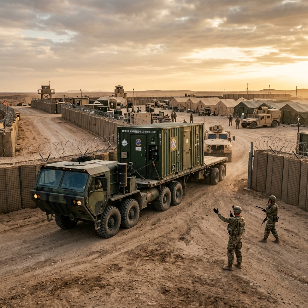 Container workshop arriving at forward base