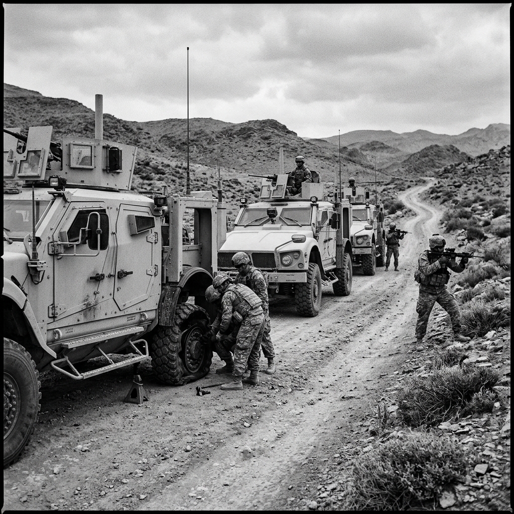 Immobilized armored convoy in desert terrain