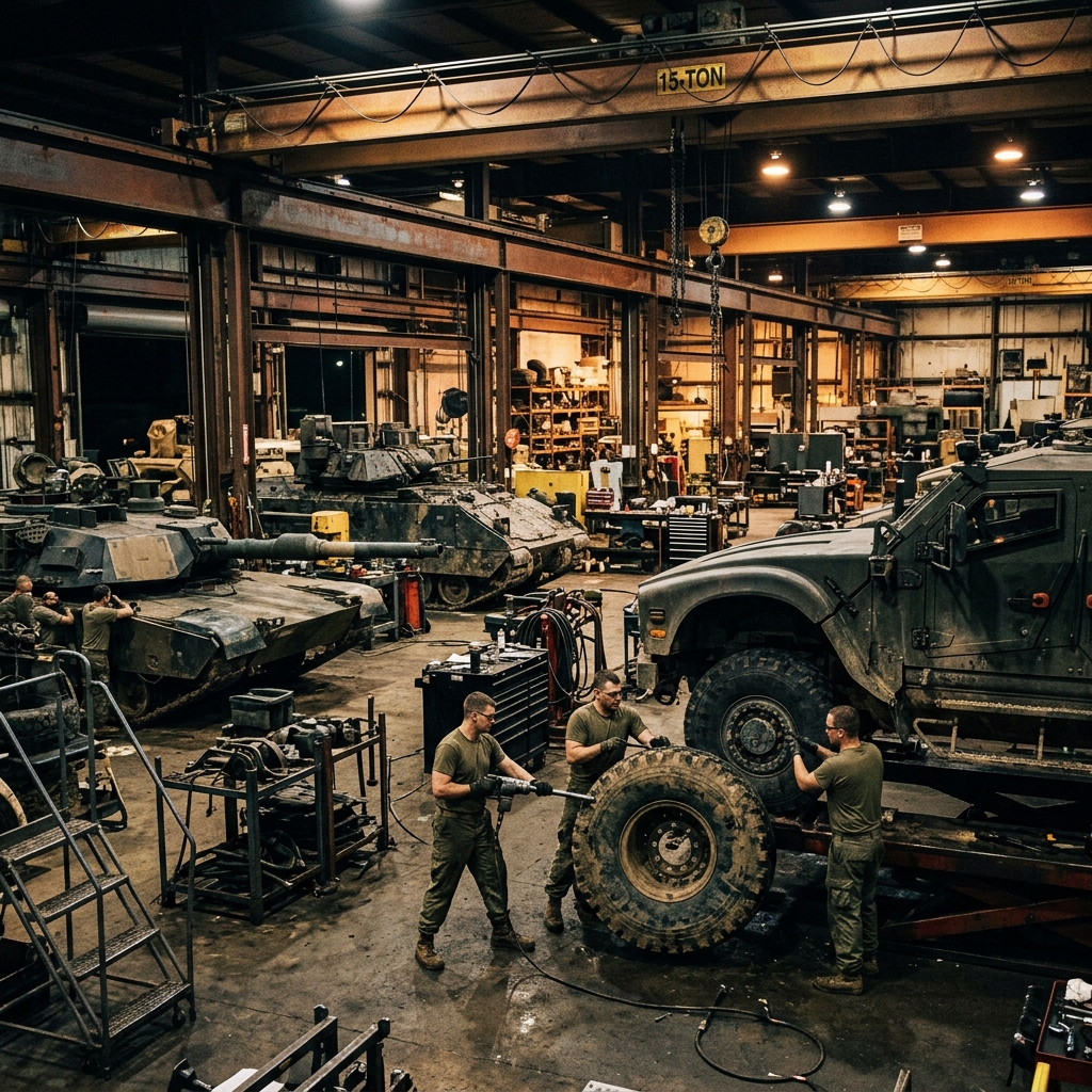 Military maintenance depot with hydraulic equipment