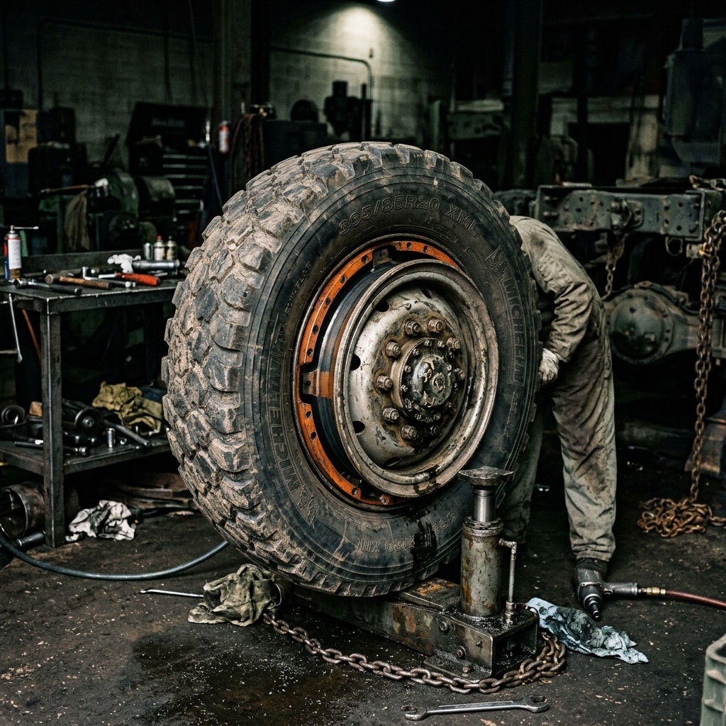 Close-up of military run-flat insert and wheel assembly