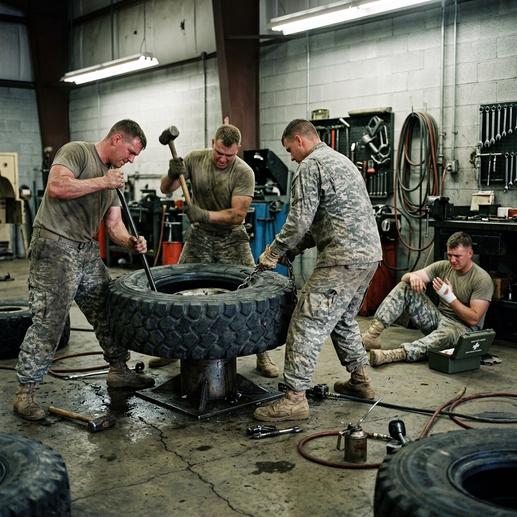 Soldiers struggling to remove run-flat insert in military workshop, injured colleague in background