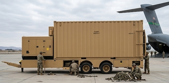 GM Defensive Trailer Model — containerized mobile run-flat tire changing system being deployed at military airfield with C-17 aircraft